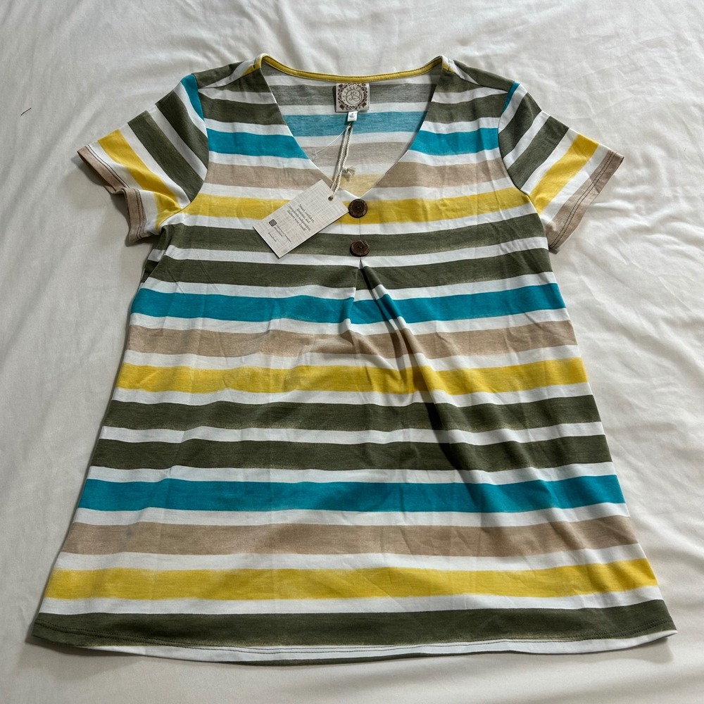 Tru Self Womens Striped V-Neck Button Accent Short Sleeve Top Multi-Color Small